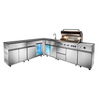 Îlot de cuisine extérieur en forme de L en acier inoxydable, barbecue modulaire, évier, réfrigérateur, brûleur latéral, plan de travail en granit pour jardin