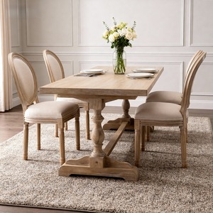 Juego de 2 sillas de comedor con respaldo ovalado, tapizadas en lino, con estructura de madera maciza estilo francés, color beige - Product Image 4