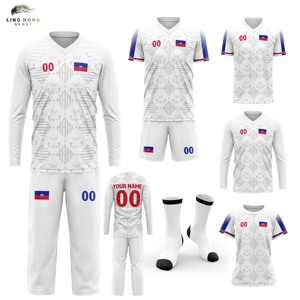 Set Jersey Sepak Bola Unisex Custom Sablon Nama Pemain V-Neck Lengan Pendek Heat-Transfer Musim Panas Cepat Kering Bernapas 100% - Product Image 1