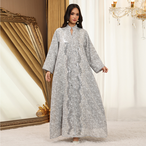 <strong>Zip</strong> Front Stand Collar Sequin Floral Print Abaya, Loose Wide Sleeve Muslim Maxi Dress Women Ethnic Long Kaftan <strong>Gown</strong> - Product Image 5