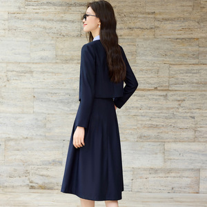 Women's Navy Blue Suit <b>Set</b> With Pleated Skirt And <b>Blazer</b> Two Piece Office Wear For Work - Product Image 3
