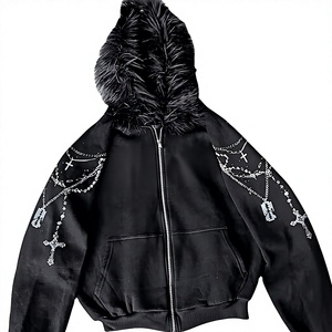 Sweat-shirt d'hiver surdimensionné pour homme, style gothique, à capuche, zippé, en polaire, avec col en fourrure et imprimé croix chaîne - Product Image 3