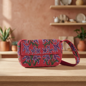 Handmade Beaded Red Clutch Bag With Purple Floral Pattern Cross-Body Strap <b>For</b> Evening Party - Product Image 3
