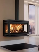 Poêle à bois d'intérieur en acier, design moderne, à poser au sol, noir, élément décoratif, pour usage hôtelier