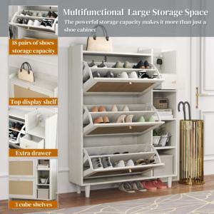 خزانة أحذية بوهيمية من صنرايز مع 3 أدراج قابلة للطي من الخيزران، و3 أرفف مربعة، ودرج واحد، منظم أحذية مع خطافات للمدخل - Product Image 3