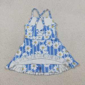 Robe de yoga pour petite fille, motif marguerite rayée bleue, collection GSD2283, vente en gros, ensemble enfant à manches courtes. - Product Image 2