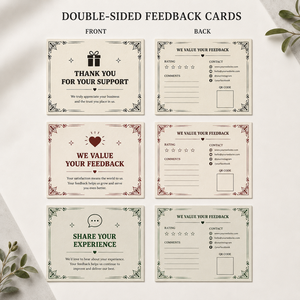 Tarjeta de encuesta de <span class=keywords><strong>opiniones</strong></span> del cliente con marco decorativo vintage multicolor, tarjeta de inserción para paquete comercial con área de calificación y comentarios, impresión personalizada - Product Image 2
