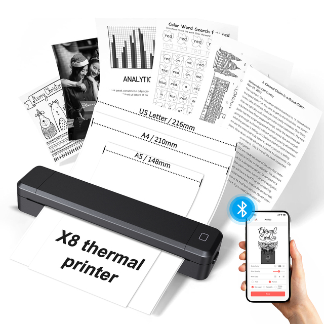 X8 Wireless A4 Thermal Mini Portable Printer with for Interface for Phone & Computer Travel & Business Use Free APP Stock
