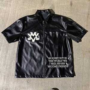 OEM tùy chỉnh của nam giới Zip t Áo sơ mi với Retro hợp thời trang đầu xuống cổ áo cổ điển tùy chỉnh in da màu đen phong cách lụa Màn hình in ấn - Product Image 1