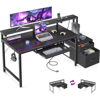 Bureau d'ordinateur de jeu en bois avec prise de courant et tiroir à dossiers, table de jeu multifonctionnelle moderne noire avec support pour écran