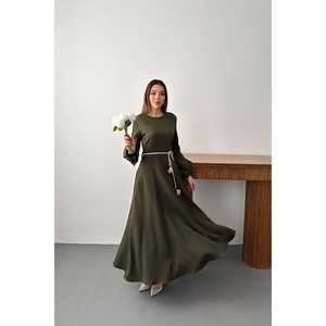 Robe trapèze kaki en tissu tissé, sans col, à manches ballon et ceinture, taille naturelle, style simple et décontracté, pour usage quotidien, vente en gros - Product Image 6