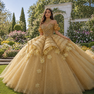 Vestido de Fiesta de Quinceañera de Lujo Mc028 Dorado con Corsé Pesado Bordado, Apliques Florales 3D, Vestido de Gala con Cola Capilla 100% Poliéster - Product Image 1