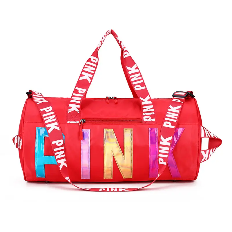 アマゾンホット販売ファッションカラーピンクスポーツバッグユニセックスカスタムロゴ印刷旅行ハンドバッグスポーツダッフルジムバッグ女性用