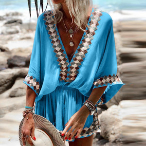Red Deep V Neck Mini <b>Dress</b> With Contrast Binding <b>Elastic</b> Waist Beach Cover Up Women's Swimwear Fashion Style - Product Image 2
