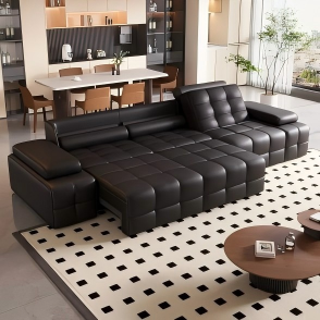 Sofá Seccional Moderno en Forma de L de Cuero Sintético Negro con Respaldo Acolchado y Brazos Acolchados para Sala de Estar - Product Image 2
