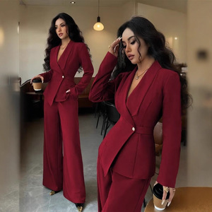 Completo Casual da <span class=keywords><strong>Donna</strong></span> Primaverile e Autunnale in Stile Europeo e Americano, Blazer Lungo con Scollo a V e <span class=keywords><strong>Pantaloni</strong></span> a Gamba Larga in Tinta Unita - Product Image 6