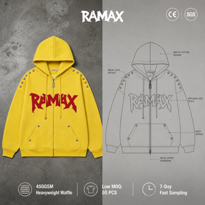 เสื้อฮู้ดซิปผู้ชายผ้าวาฟเฟิลหนา 450GSM ตกแต่งหมุดโลหะ ปักโลโก้ ทรงโอเวอร์ไซส์ สไตล์สตรีทแวร์ - Product Image 2