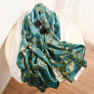 Foulard en satin de soie à fleurs d'abricot inspiré de Van Gogh, châle long à double usage avec imprimé de style sergé d'été pour le printemps et l'automne - Product Image 4