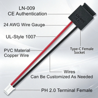 Cable de Carga USB-C Hembra LN-009 con Terminal PH2.0, 2 Pines, 24AWG, 15CM, Tipo C para Equipos Electrónicos