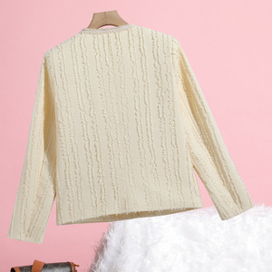 Women's Beige Tweed Blazer Long Sleeve Solid Color Stripes And Checks Woven Fabric Spring Autumn Wear - Product Image 2