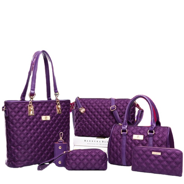 Hot Sale Fashion Elegant Womens Crossbody Bag Set Handbag Set 6 Pcs Plaid Lines Lady Bag Set
