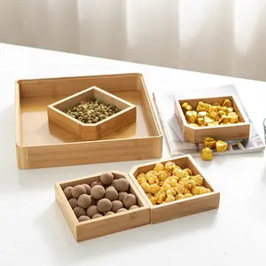 Custom Bamboo Nut Candy Serving Tray Party Appetizer Platter Veggie Dish Candy Box With Acrylic Lid Removable Dividers