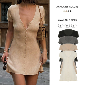 <b>Button</b> Down V Neck Knit Dress Women Short Sleeve A Line Solid Color Casual Retro Fashion Dress - Product Image 1