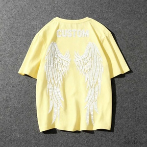 Camiseta de hombre personalizada de alta calidad con diamantes, de algodón puro, tejida, con logo de diamantes de imitación termoadhesivos, estampada, oversize, de manga corta. - Product Image 2