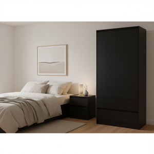 Armoire noire moderne avec 2 tiroirs et portes battantes pour solution de rangement de chambre à coucher - Product Image 2