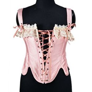Corset rose à lacets pour femmes avec garniture d'épaule en dentelle blanche <span class=keywords><strong>Bustier</strong></span> de style vintage pour la taille - Product Image 1