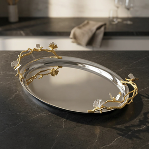 Premium Ginkgo Metal <b>Serving</b> <b>Tray</b> Decorative Oval <b>Tray</b> with <b>Gold</b> Tone Leaf Handles for Tabletop Home Decor Gift Giving - Product Image 1