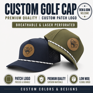 Casquette de golf Elite 5 panneaux avec patch en cuir personnalisé, faible MOQ, logo gravé au laser OEM, profil structuré moyen, accessoire sportif classique - Product Image 1