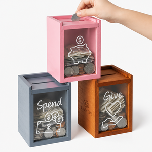 Caja de Ahorros de Madera de Paulownia Sólida de Estilo Nórdico de Lujo, con Impresión UV y Grabado, con Ventana Transparente para la Educación Infantil, Shandong - Product Image 6