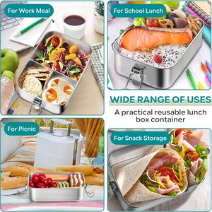 1200ml 1400ml hình chữ nhật kín Bento trưa <span class=keywords><strong>Container</strong></span> 3 ngăn thép không gỉ Hộp Ăn Trưa cho trẻ em người lớn - Product Image 6