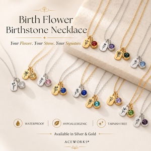 Collares con Piedras de Nacimiento y Flores de Nacimiento |   Colgante de Zirconia con el Signo del Mes de Nacimiento, Chapado en Oro PVD de 18K sobre Acero Inoxidable |   Impermeable e Hipoalergénico - Product Image 1