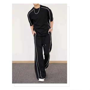 Trajes de Verano para Hombre de 2 Piezas, Camiseta de Manga Corta + Pantalones Largos, Color Sólido, Cuello Redondo Tipo Polo, Pantalones con Cintura Elástica, Chándal - Product Image 4