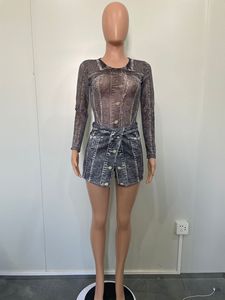 Nouveau Ensemble 2 Pièces pour Femme : Haut Body Imprimé Denim 3D et <span class=keywords><strong>Short</strong></span> Irrégulier, Ensemble Jupe Bodycon Sexy en Maille Transparente - Product Image 2