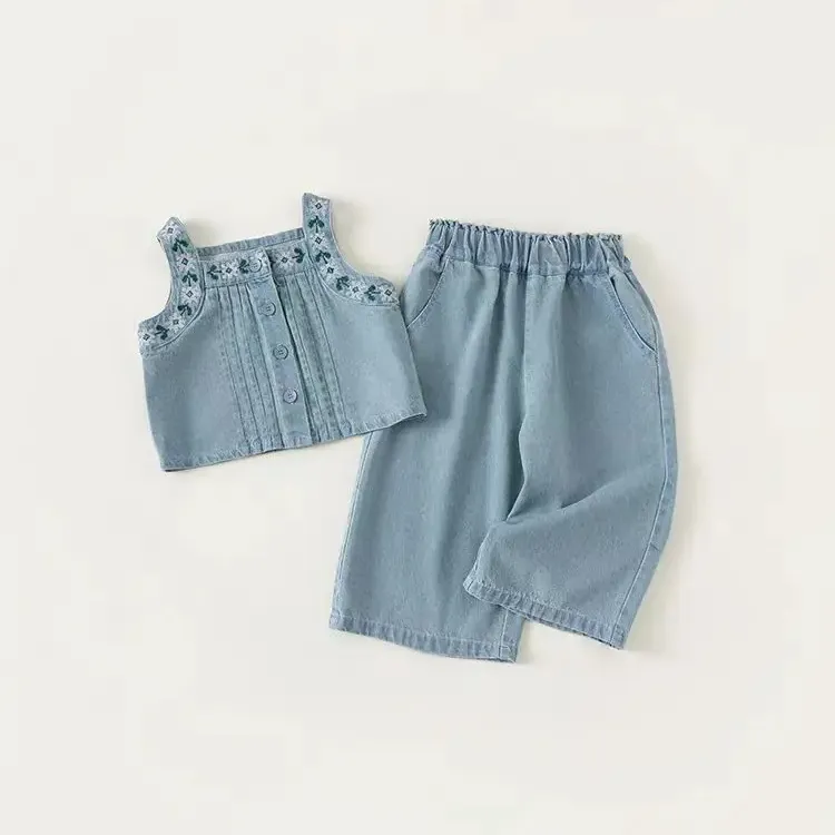 Atacado Alta Qualidade personalizado impresso flor casual denim meninas verão conjuntos de roupas