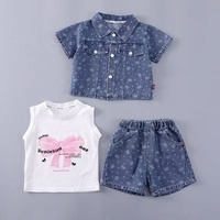 Nouvel ensemble trois pièces en jean à manches courtes avec nœud papillon élégant pour filles - Vêtements pour bébés pour l'été