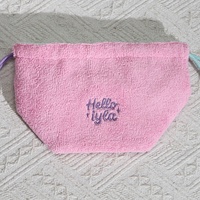 Pochette de rangement cosmétique en tissu éponge rose de luxe avec cordon de serrage, fond carré, imprimé logo personnalisé, pour maquillage et articles de toilette