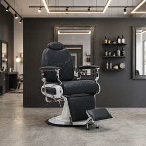 Barber Chair Black Faux Leather Reclining Hydraulic Pump Adjustable <b>Footrest</b> Industrial Design Round Base Salon Furniture - Product Image 1