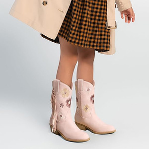 Bottes en cuir pour enfants et bébés, style cowboy vintage, à talons hauts, en daim, avec broderie florale, pour garçons et filles, vente en gros - Product Image 3