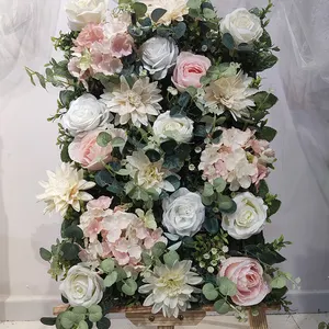 Latest Design Decoration Red Peach Rose Hydrangea Artificial Flower Backdrop Floral Wall Panel Roll Up Flower Wall for Wedding