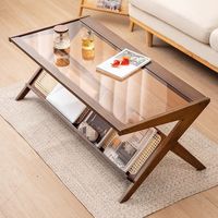 Grande table à thé japonaise 120x56x44 cm pour salon, en bois massif brun avec verre trempé et accents en bambou et rotin, livraison directe DDP