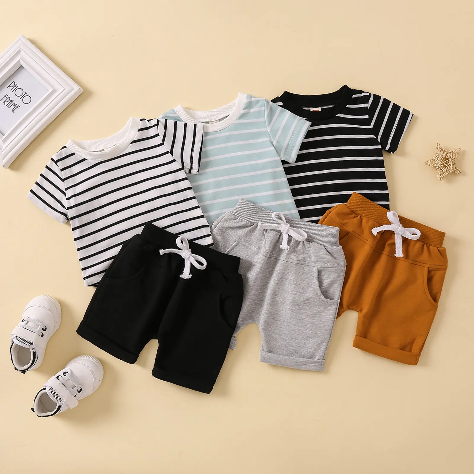 Korean style children's clothing fashion casual short-sleeved home clothes set baby loose knitted sports suit two-piece set