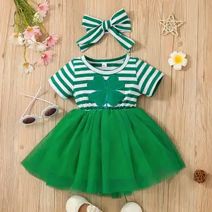 תינוק פס נסיכת ילדה כותנה שמלות ילדי חצאית תינוקת חצאיות סנט פטריק יום שמלה
