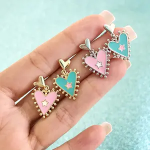 18k Gold Plated Jewelry Custom Baby Pink Enamel Heart Earrings Dangling for Valentines Day