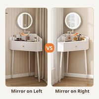 Bureau de maquillage d'angle blanc avec miroir LED rotatif et rétractable, petite table de maquillage moderne avec plateau en verre et tiroirs de rangement