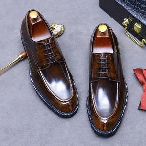 Men's Luxurious Shiny Leather <b>Pointed</b> Dress Shoes, Lace-up Style, Brown New Waterproof - Suitable for Weddings - Product Image 5