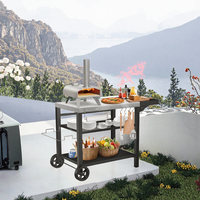 Outdoor-Grillwagen aus Edelstahl mit Pizzaofen, Tisch, feststellbaren Rädern, Haken und verstellbarem Metallgitter – Kücheninsel, Schwarz